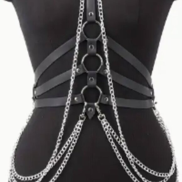 PU Leather Draped Layered Chain Choker Harness - Picture 5 of 6